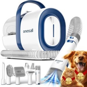 Pet Grooming Vacuum with clipper and nail grinder grooming a dog while collecting fur
