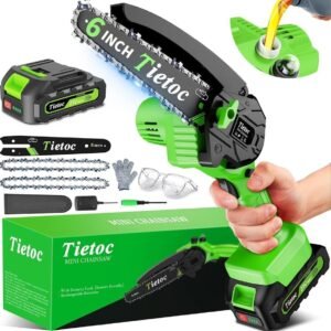 Mini Electric Chainsaw cutting a small branch with a cordless 6-inch blade