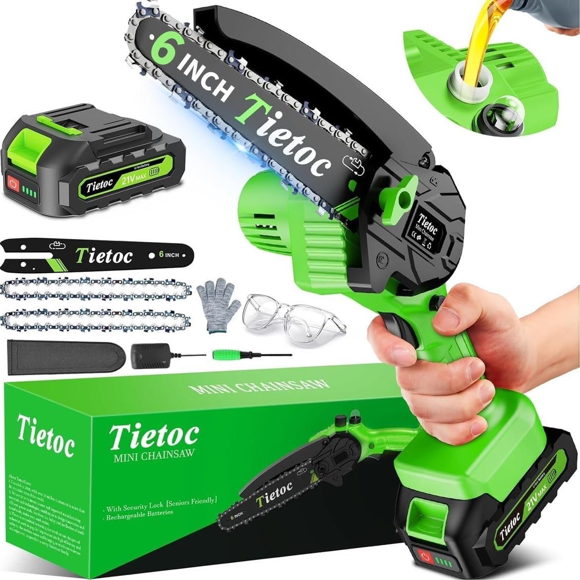 Mini Electric Chainsaw cutting a small branch with a cordless 6-inch blade
