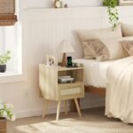 Rattan Nightstand with Charging Station featuring USB ports and boho woven cabinet door