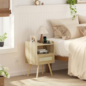 Rattan Nightstand with Charging Station featuring USB ports and boho woven cabinet door