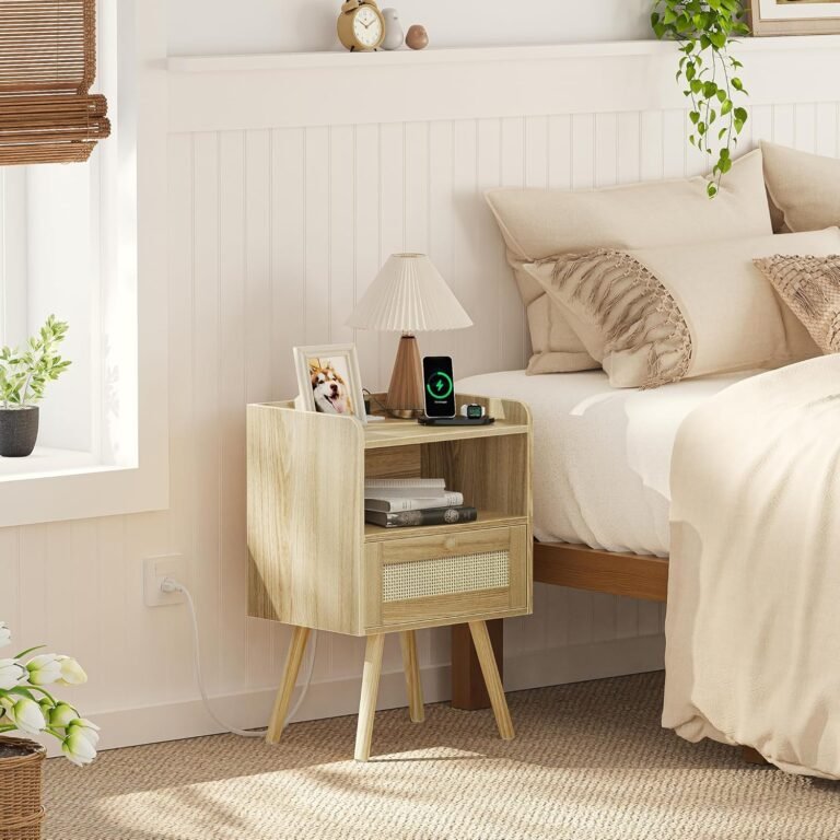 Rattan Nightstand with Charging Station – Stunning Boho Bedside Table for Modern Bedrooms (2025 Upgrade) 1 Rattan Nightstand with Charging Station featuring USB ports and boho woven cabinet door